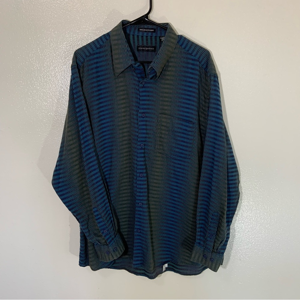 Jhane Barnes Blue Abstract Art Long Sleeve Cotton Button Shirt XL